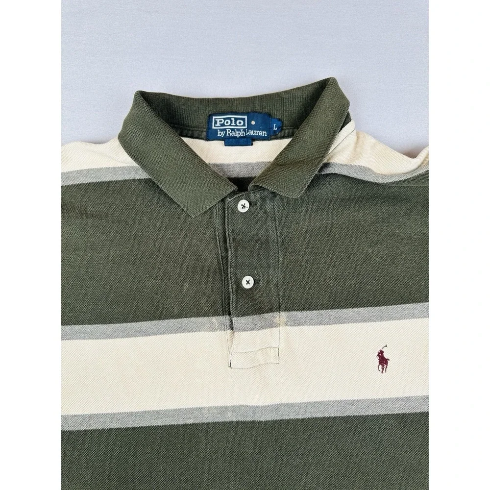 Vintage Polo Ralph Lauren Striped Rugby Polo Shirt Olive Cream Adult L Cotton
